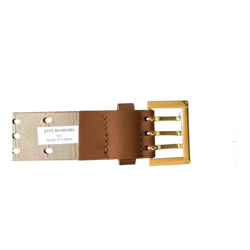 Petit Moments Classic Belt Gold Tone Buckle Tan Leather Women's Size M/L New